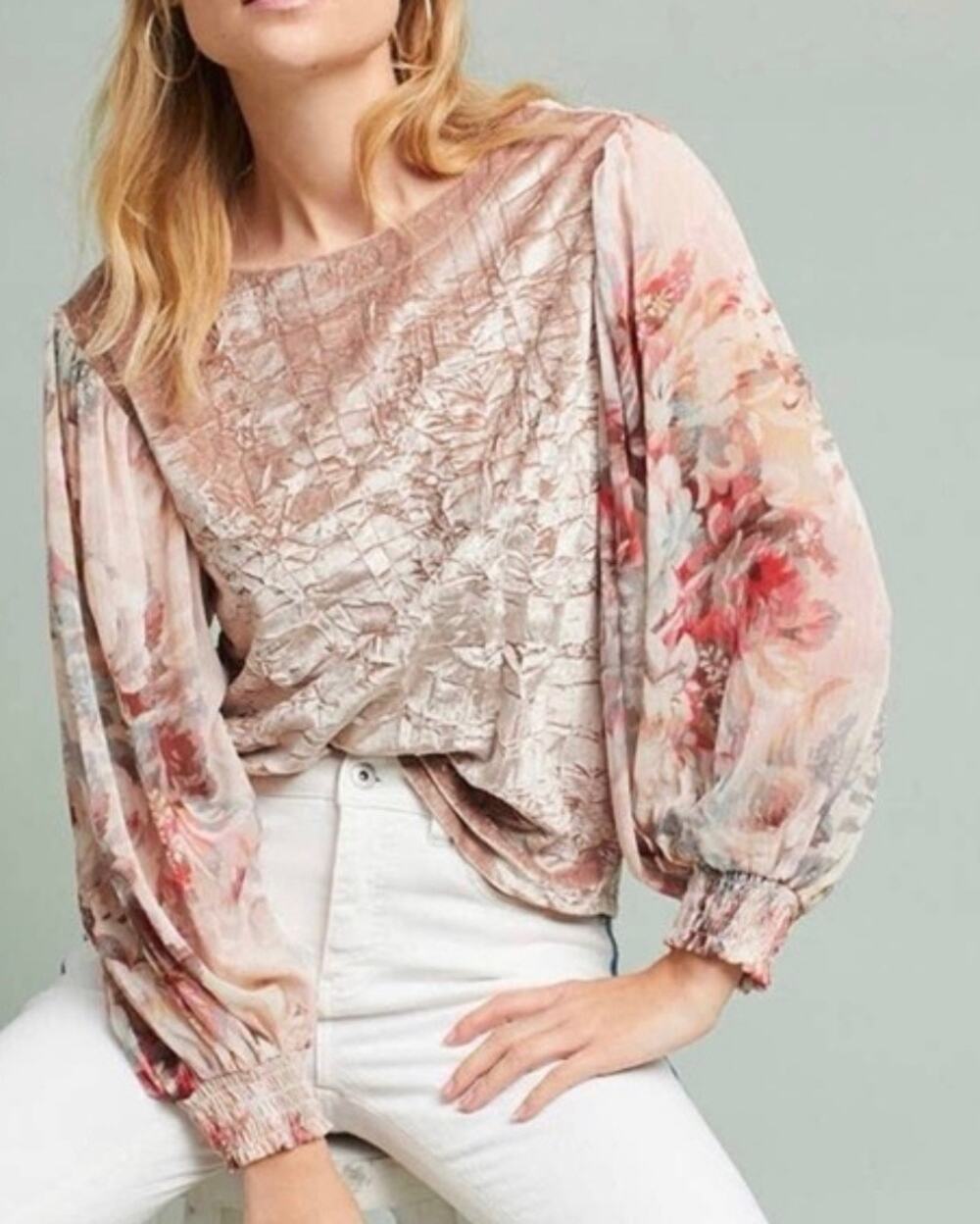 Anthropologie Meadow Rue BOHO Crushed Velvet Flowy Pink Floral Sleeves Size XS